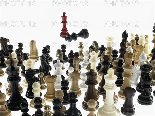 Group of chess pieces watching kings fighting. Photo : David Arky