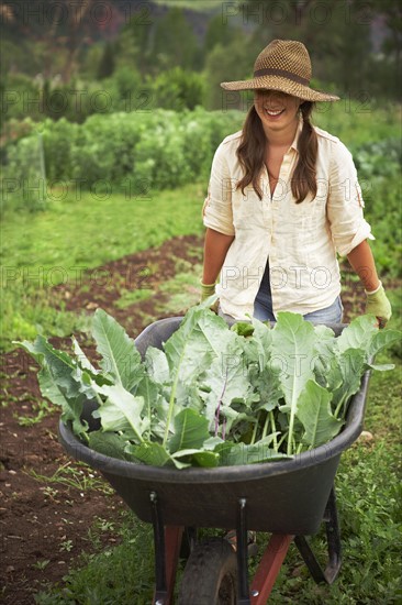 Young woman pushing wheelbarrow in field. Photo : Shawn O'Connor