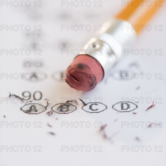 Pencil with eraser on school test sheet. Photo : Jamie Grill