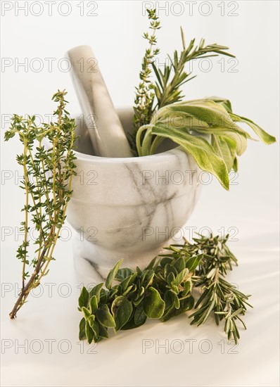 Mortar and pestle with herbs. Photo : Daniel Grill