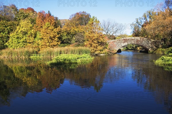 USA, New York City, Central Park lake and footbridge. Photo : fotog