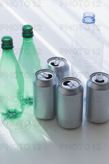 Plastic bottles and cans for recycling.