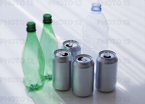 Plastic bottles and cans for recycling.