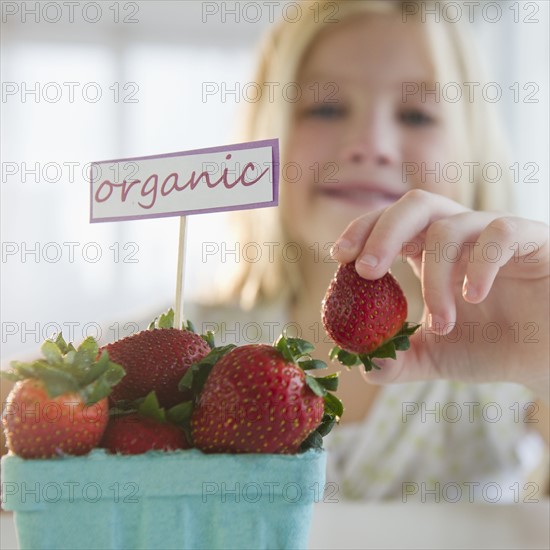 USA, New Jersey, Jersey City, Girl (8-9) eating organic strawberries. Photo : Jamie Grill Photography