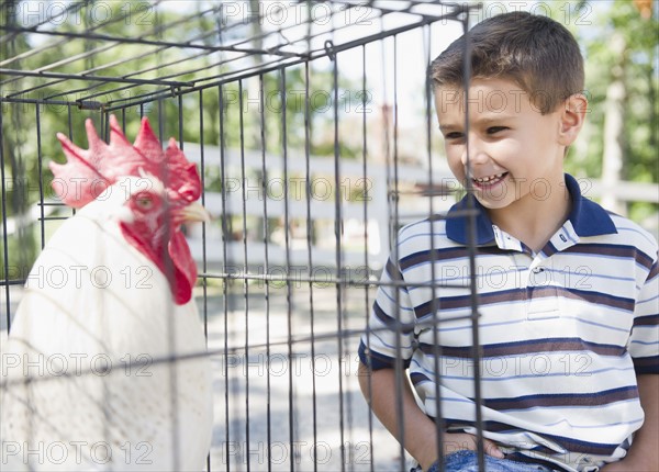 USA, New York, Flanders, Boy (8-9) standing in front of cage with rooster. Photo : Jamie Grill Photography