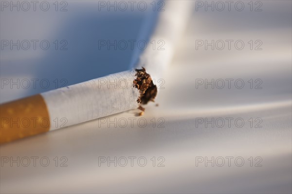 Broken cigarette on white background. Photo : Daniel Grill