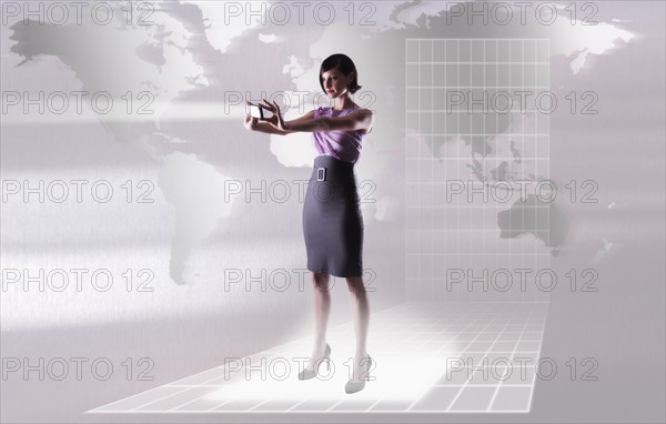 Young woman reflecting bright light by world map.