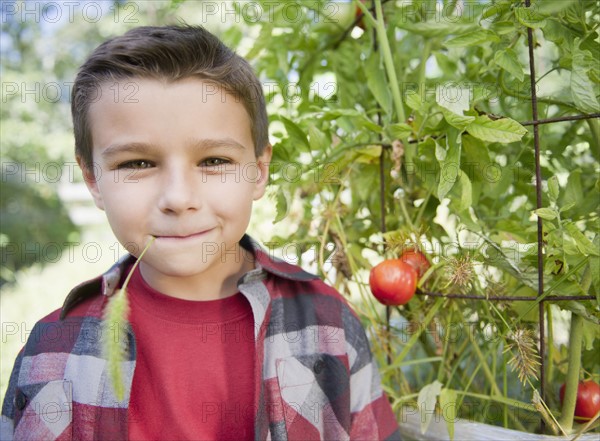 USA, New York, Flanders, Boy (8-9) in garden. Photo : Jamie Grill Photography