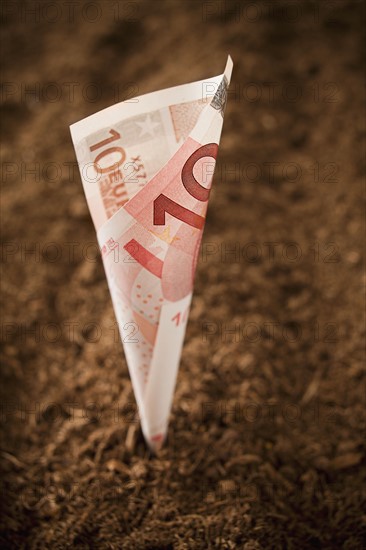 Ten euros Banknote growing from dirt, studio shot. Photo : Mike Kemp