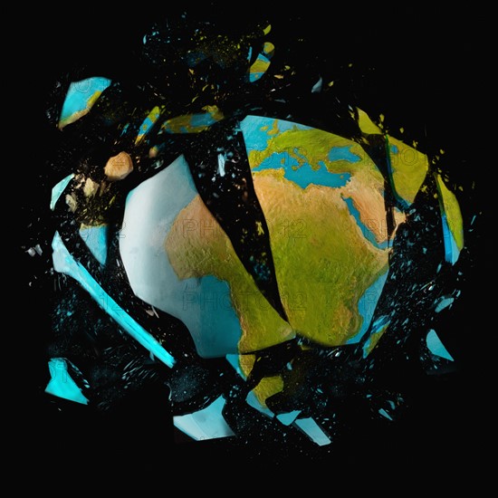 Exploding globe on black background. Photo : Mike Kemp