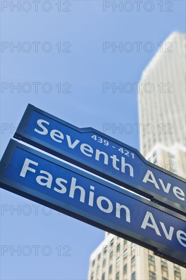 USA, New York, New York City, Street sign for Fashion Avenue and Seventh Avenue in Manhattan.