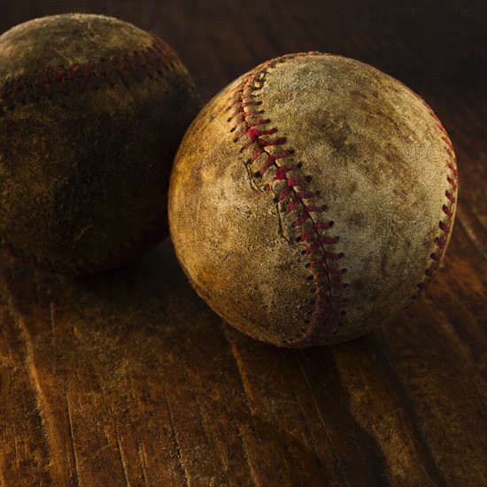 Antique baseballs on wooden floor.