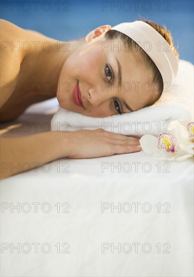 USA, New Jersey, Jersey City, Portrait of young woman in spa.