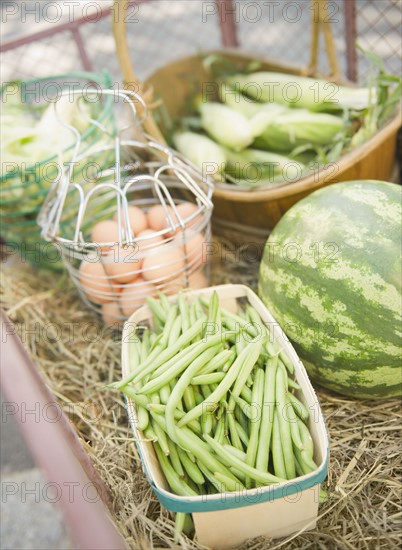 USA, New York, Flanders, Organic beans, watermelon, eggs, and corn. Photo : Jamie Grill Photography