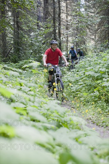 Canada, British Columbia, Fernie, Group of three people enjoying mountain biking. Photo : Dan Bannister
