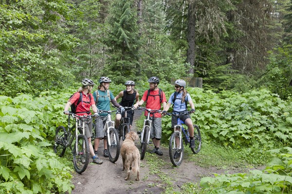 Canada, British Columbia, Fernie, Group of five people and dog enjoying mountain biking. Photo : Dan Bannister