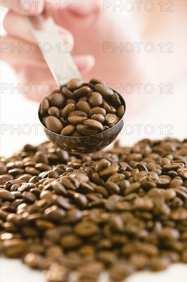 USA, New Jersey, Jersey City, Close-up view woman's hand holding spoon filled with coffee beans. Photo : Jamie Grill Photography