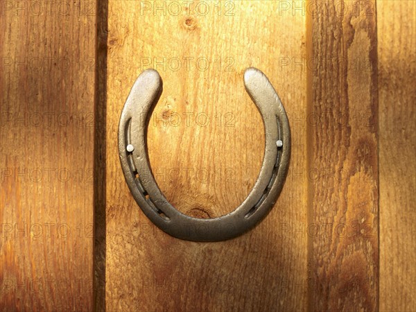 USA, Colorado, Horseshoe hanging on wooden wall, close-up. Photo : John Kelly