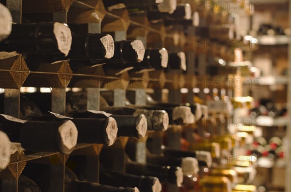 Old wine bottles on cellar shelves.