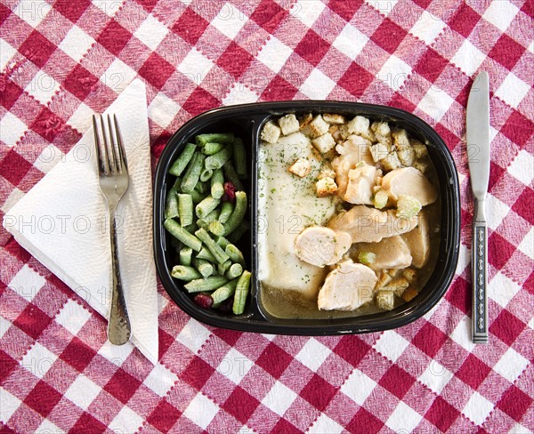 Close up of TV dinner on checked table cloth. Photo : Jamie Grill Photography