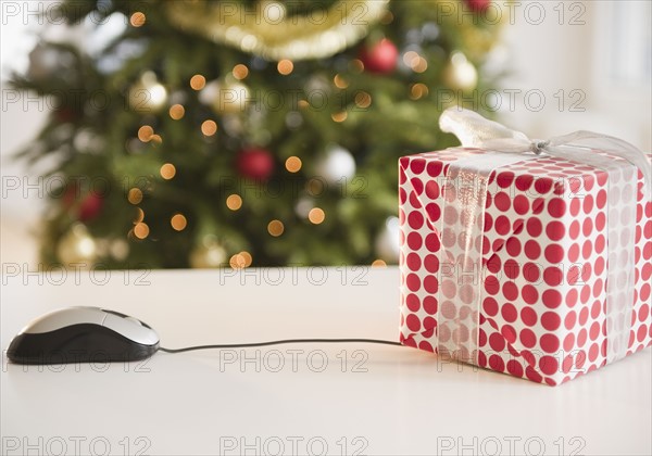 Computer mouse connected to Christmas gift. Photo : Jamie Grill Photography