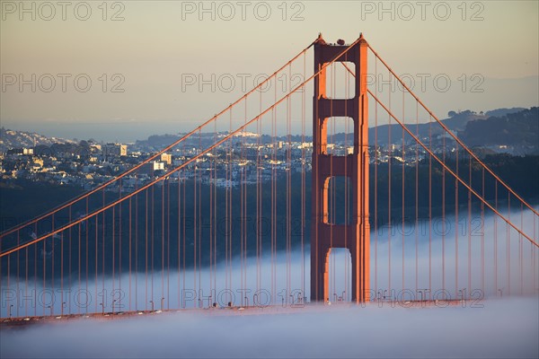 USA, California, San Francisco, Golden Gate Bridge in fog. Photo : Noah Clayton