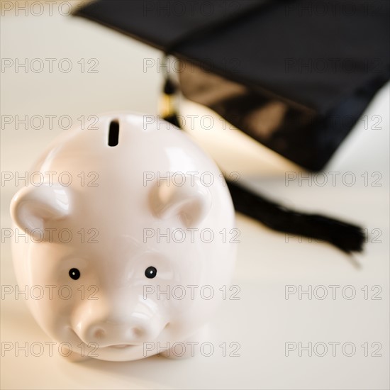 Close up of piggy bank and mortarboard. Photo : Jamie Grill Photography