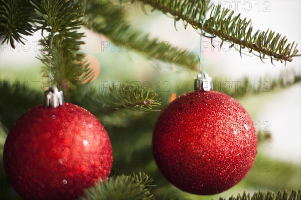 Two red Christmas baubles on tree.