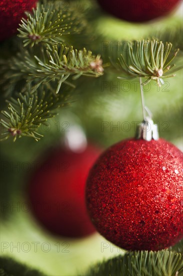 Red Christmas baubles on tree.