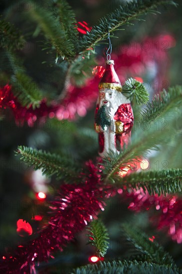 Santa Claus Christmas decoration hanging on Christmas tree, studio shot.