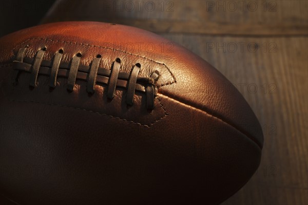 Close-up of rugby ball, studio shot.