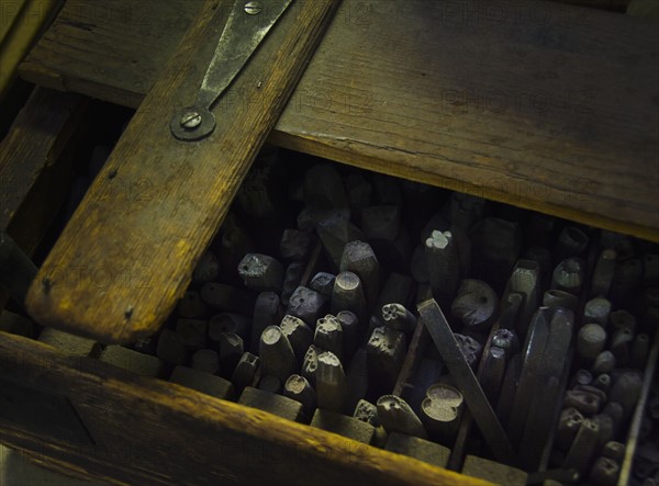 Close up of printing blocks from antique book binding.