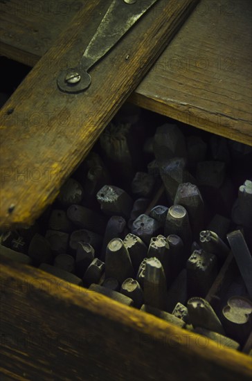 Close up of printing blocks from antique book binding.