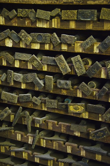 Close up of printing blocks from antique book binding.