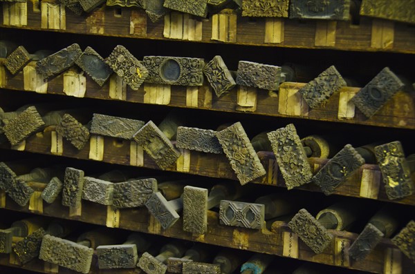 Close up of printing blocks from antique book binding.