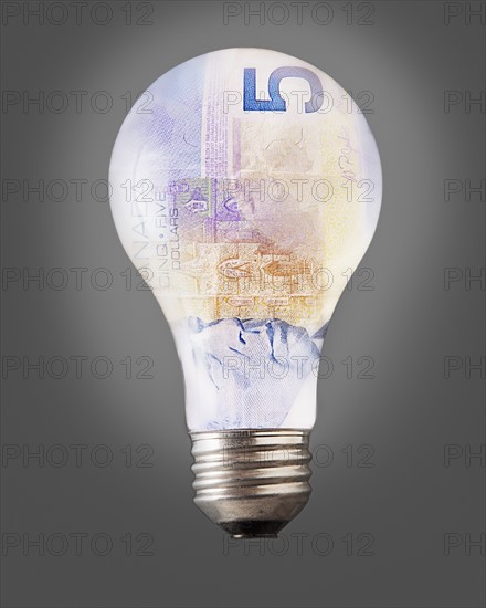 Composition of bulb and five canadian dollar banknote. Photo : Mike Kemp