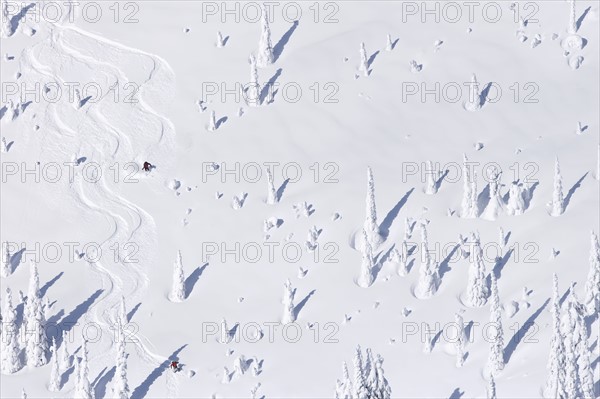 USA, Montana, Whitefish, aerial view of skiers on slope. Photo : Noah Clayton