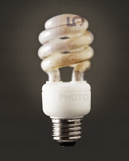 Composition of energy efficient bulb and five canadian dollar banknote. Photo : Mike Kemp