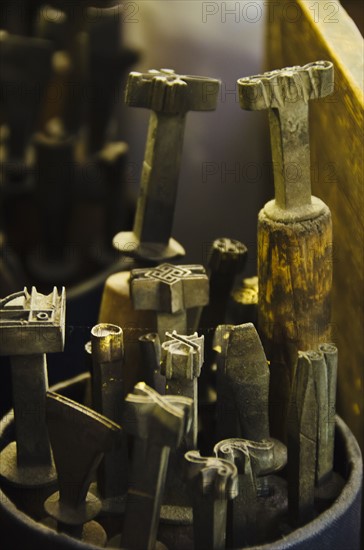 Close up of printing blocks from antique book binding.