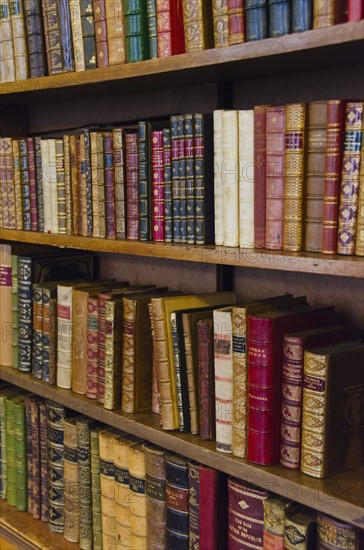 Close up of antique books on shelves.