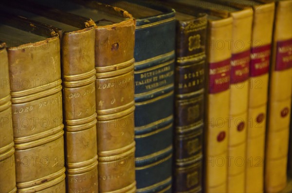 Close up of antique books on shelves.