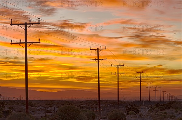 USA, California, Palm Springs, power line at sunrise. Photo : Gary Weathers