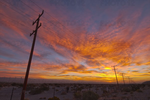 USA, California, Palm Springs, power line at sunrise. Photo : Gary Weathers