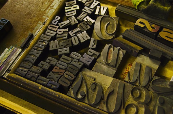 Close up of fonts from antique printing press.