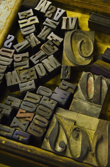 Close up of fonts from antique printing press.