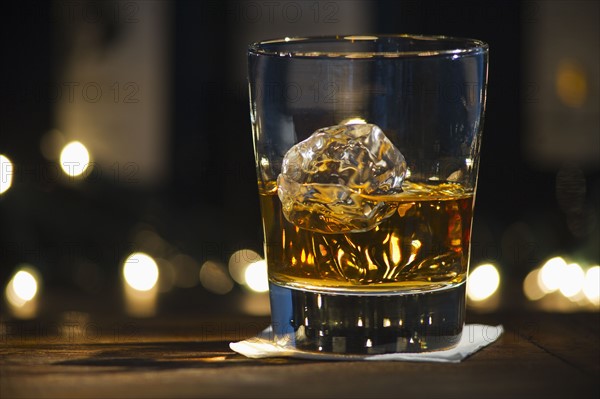 Close-up view of bourbon on bar counter.