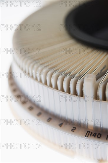 Close up of slides and on round slide tray.