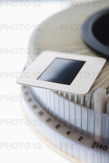 Close up of slides and on round slide tray.