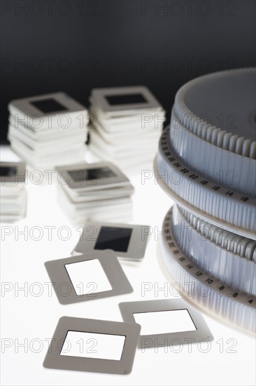 Close up of slides and on round slide tray.