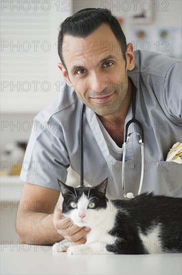 Vet stroking cat in pet clinic.